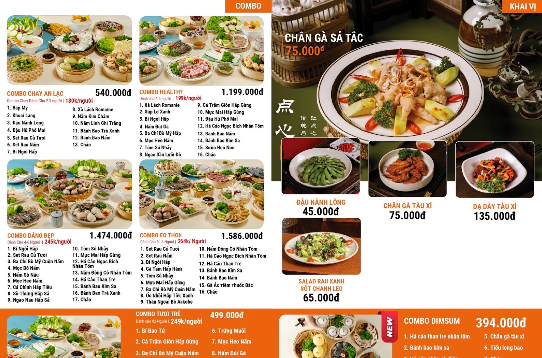 Menu các combo hấp thủy nhiệt của Long Wang